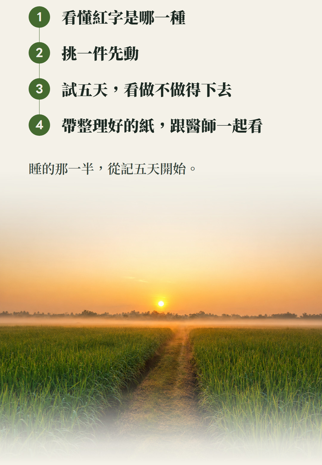看懂紅字是哪一種;挑一件先動;試五天,看做不做得下去;帶整理好的紙,跟醫師一起看。睡的那一半,從記五天開始。