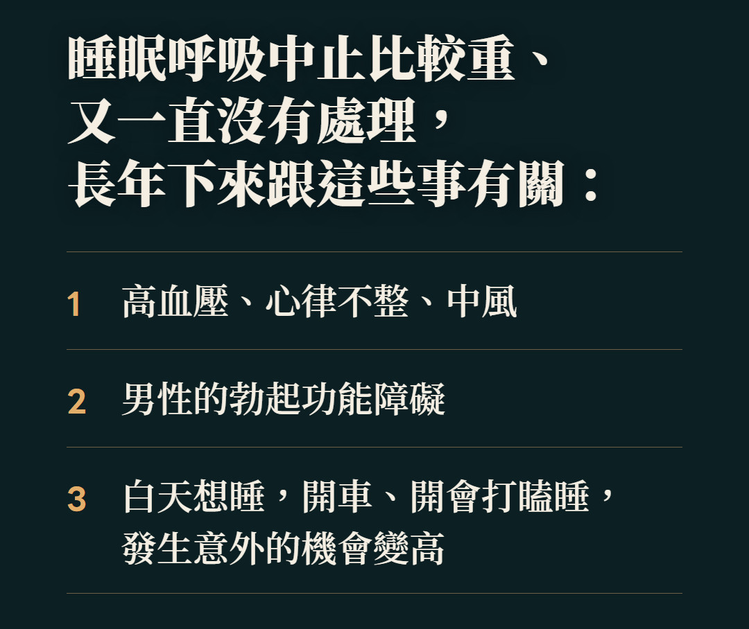 睡眠呼吸中止比較重、又一直沒有處理,長年下來跟這些事有關:高血壓、心律不整、中風;男性的勃起功能障礙;白天想睡,開車、開會打瞌睡,發生意外的機會變高。