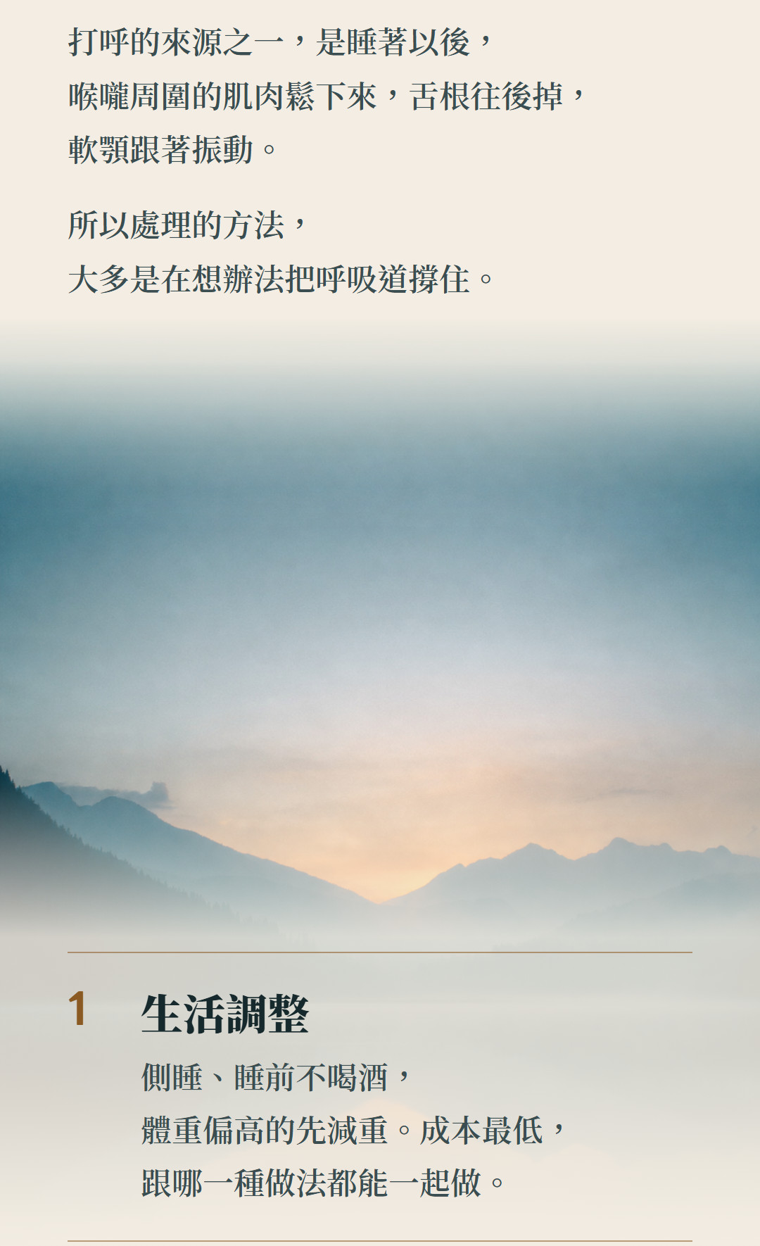 打呼的來源之一,是睡著以後,喉嚨周圍的肌肉鬆下來,舌根往後掉,軟顎跟著振動。所以處理的方法,大多是在想辦法把呼吸道撐住。生活調整:側睡、睡前不喝酒,體重偏高的先減重。成本最低,跟哪一種做法都能一起做;